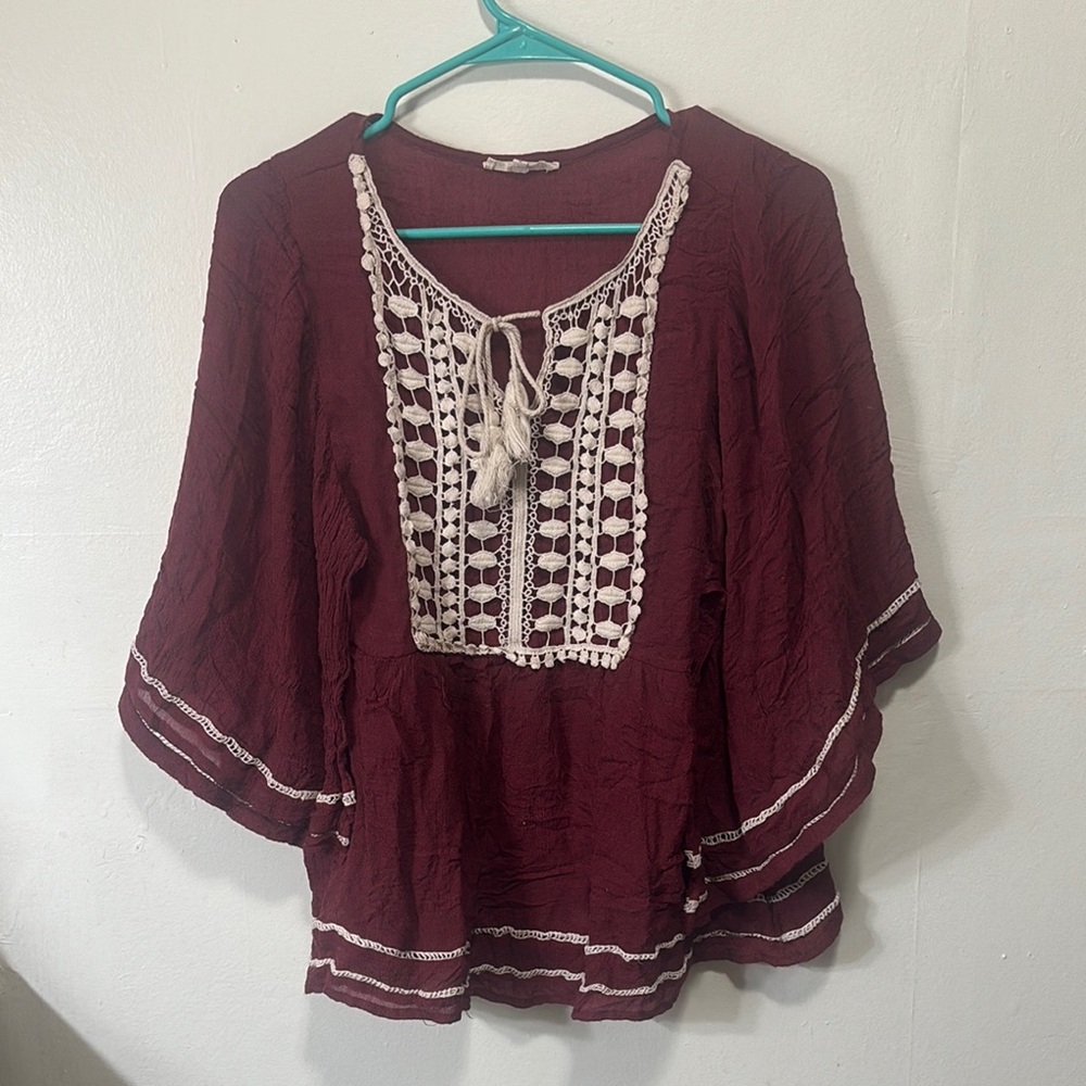 Bohemian Burgundy Blouse with Crochet Detailing size small